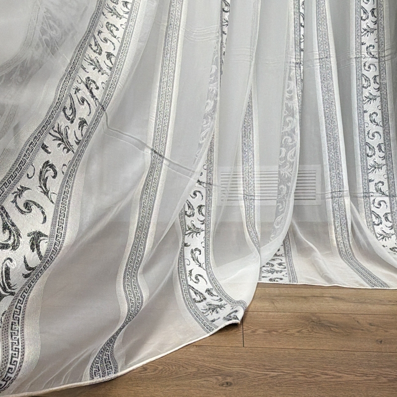 Set 2 Draperii Jacquard, Royal, 150cm latime x 270cm inaltime, Gri mediu + Perdea 400cm latime x 270cm inaltime, din Matase Imprimata, Pene Gri - imagine 10