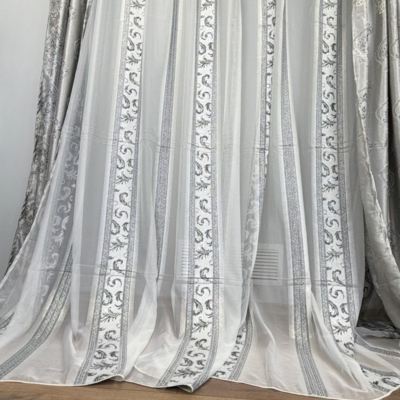 Set 2 Draperii Jacquard, Royal, 150cm latime x 270cm inaltime, Gri mediu + Perdea 400cm latime x 270cm inaltime, din Matase Imprimata, Pene Gri - imagine 11