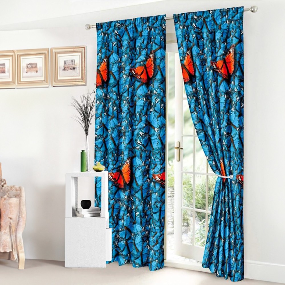 Set Lenjerie pat dublu cu Elastic (160x200cm, 180x200cm) + 2 draperii, finet, 8 piese, Albastru, Fluturi — imaginea 2