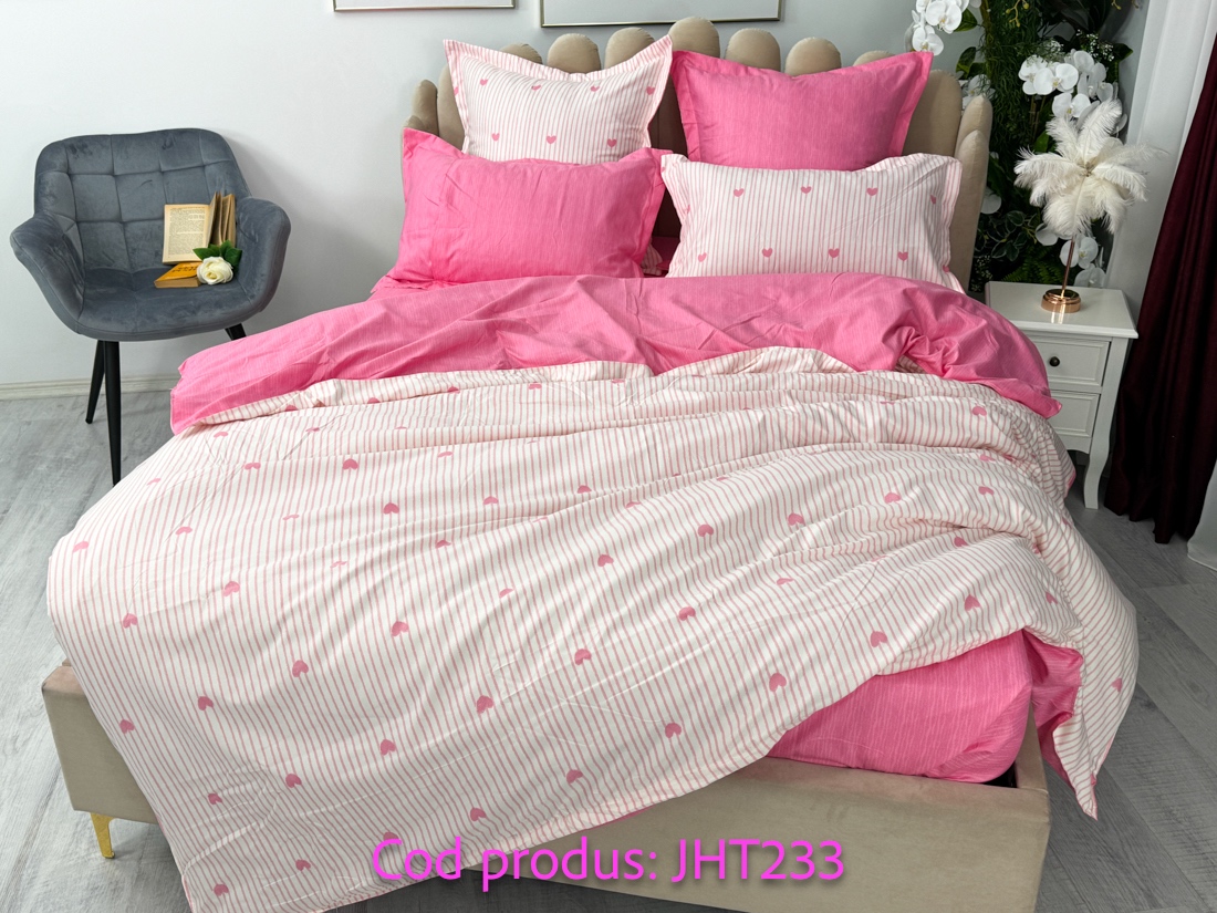 Lenjerie pat dublu cu ELASTIC, Finet, 6 piese, Roz, inimioare - view 6
