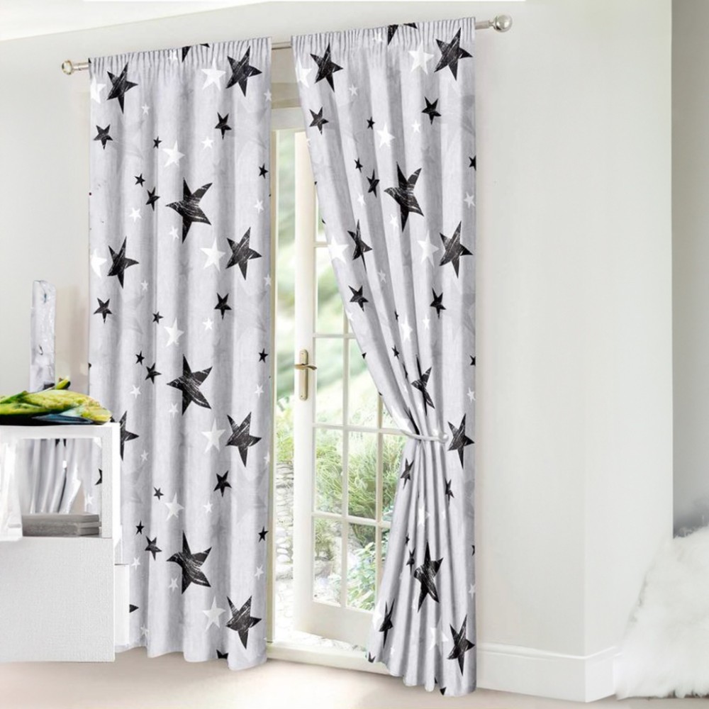 Set Lenjerie pat dublu cu Elastic (140x200cm) + 2 draperii, finet, 6 piese, Gri, Stelute — imaginea 2