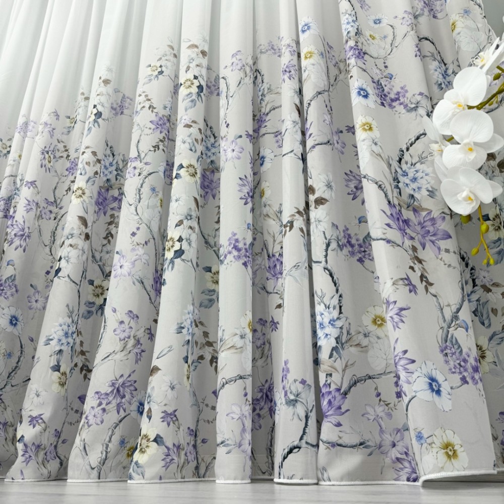 Perdea din Voal imprimat, Gri, flori, 140cm latime x 260cm inaltime, cu rejansa pt bara – imagine 2