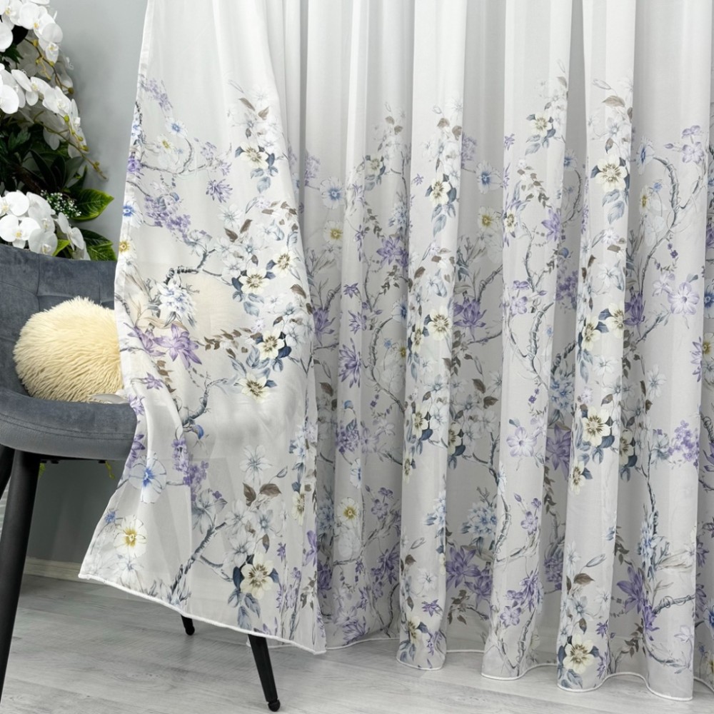 Perdea din Voal imprimat, Gri, flori, 140cm latime x 260cm inaltime, cu rejansa pt bara – imagine 3