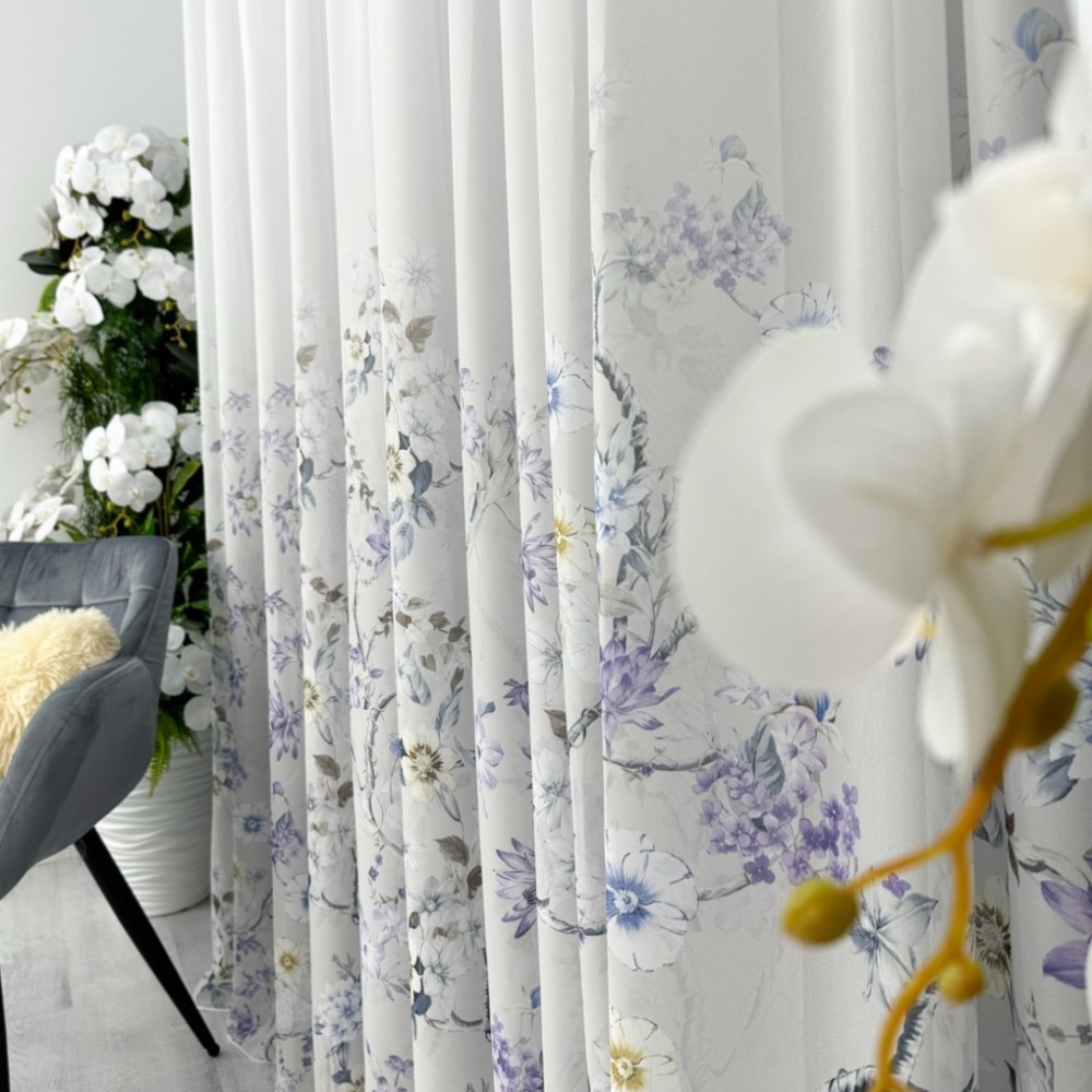 Perdea din Voal imprimat, Gri, flori, 140cm latime x 260cm inaltime, cu rejansa pt bara – imagine 4