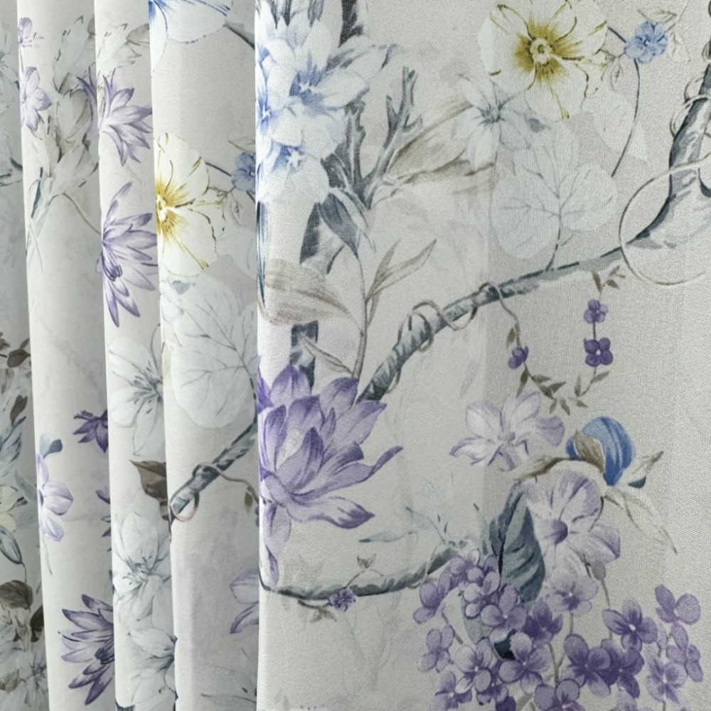 Perdea din Voal imprimat, Gri, flori, 140cm latime x 260cm inaltime, cu rejansa pt bara – imagine 5