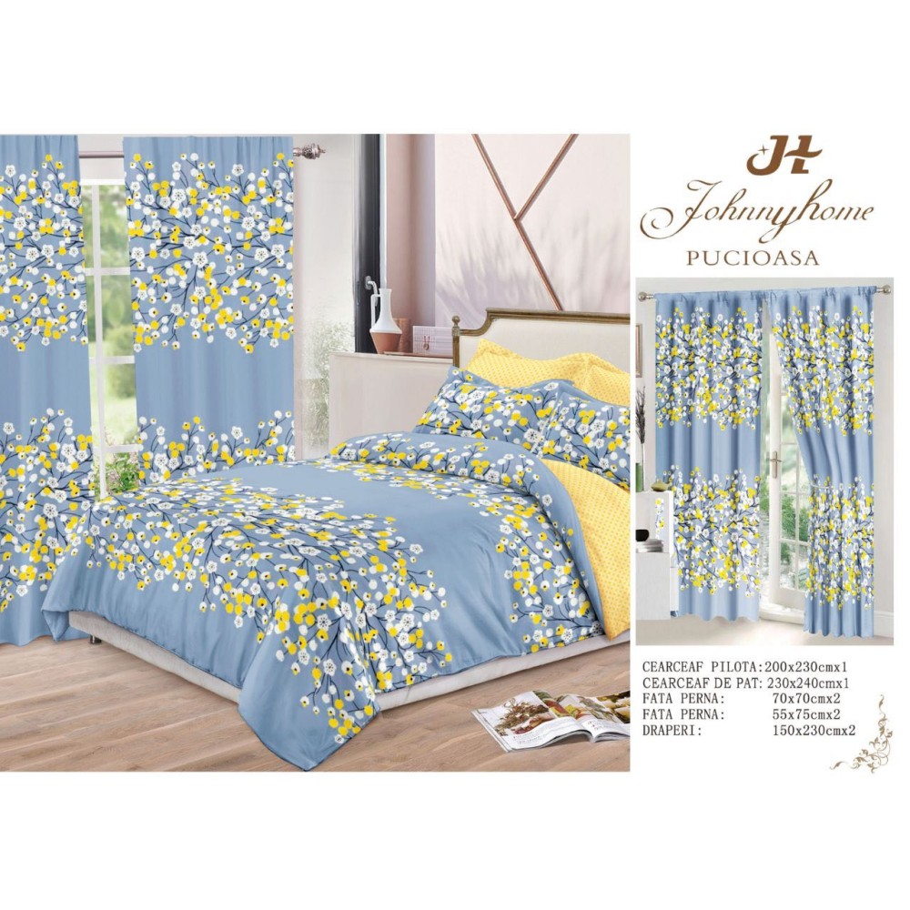 Set Lenjerie pat dublu (140x200cm, 160x200cm, 180x200cm) + 2 draperii, finet, 8 piese, Gri albastrui, flori — imaginea 3