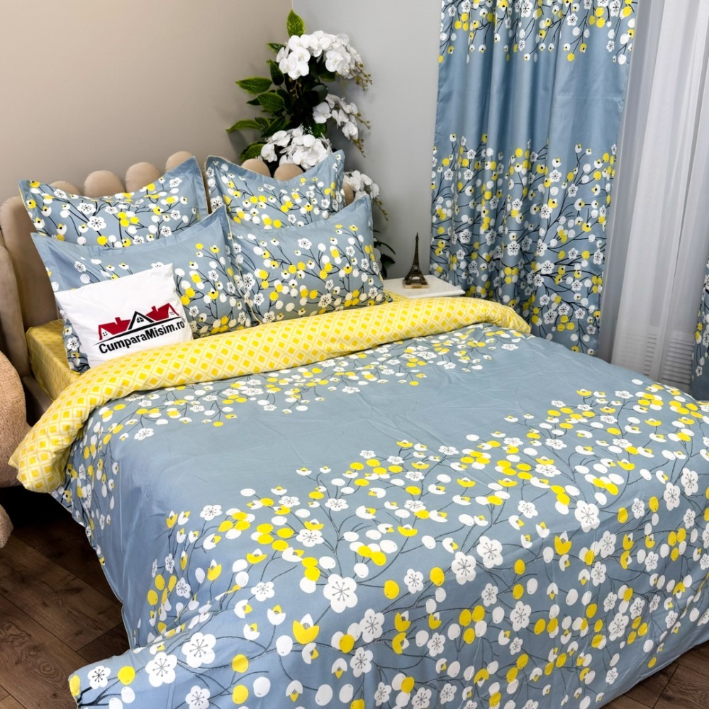Set Lenjerie pat dublu (140x200cm, 160x200cm, 180x200cm) + 2 draperii, finet, 8 piese, Gri albastrui, flori — imaginea 4