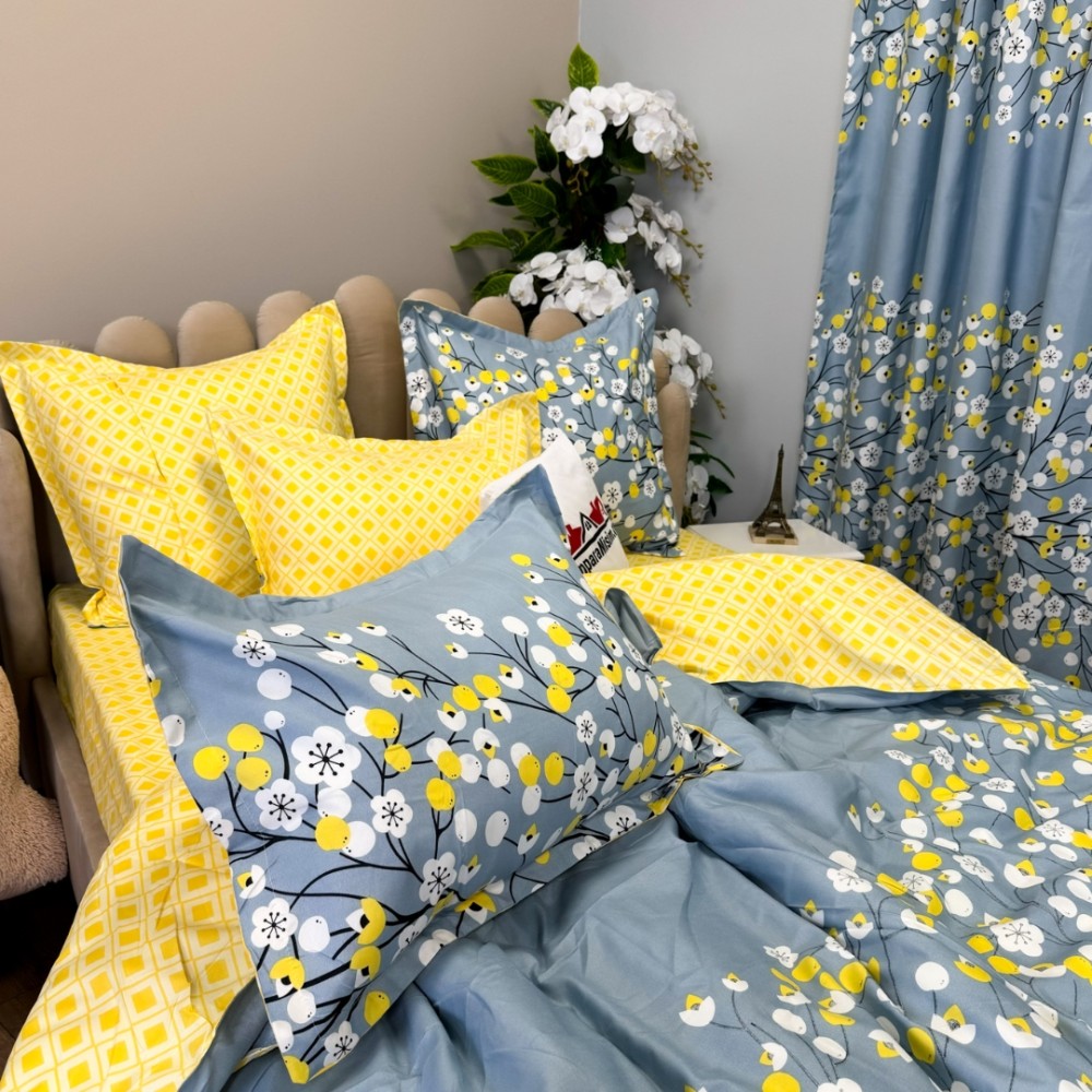 Set Lenjerie pat dublu (140x200cm, 160x200cm, 180x200cm) + 2 draperii, finet, 8 piese, Gri albastrui, flori — imaginea 5