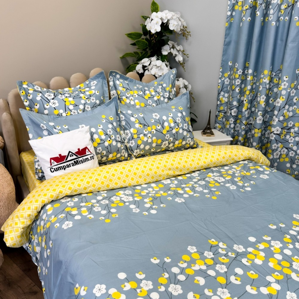 Set Lenjerie pat dublu (140x200cm, 160x200cm, 180x200cm) + 2 draperii, finet, 8 piese, Gri albastrui, flori — imaginea 6