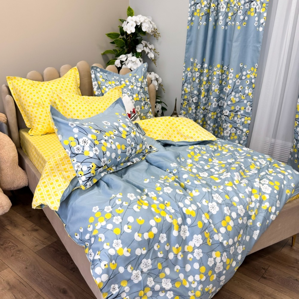 Set Lenjerie pat dublu (140x200cm, 160x200cm, 180x200cm) + 2 draperii, finet, 8 piese, Gri albastrui, flori — imaginea 7