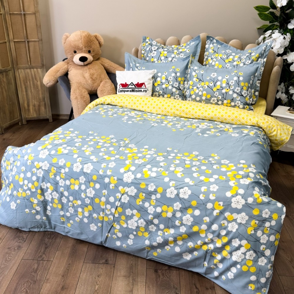 Set Lenjerie pat dublu (140x200cm, 160x200cm, 180x200cm) + 2 draperii, finet, 8 piese, Gri albastrui, flori — imaginea 8