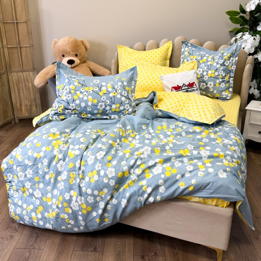 Set Lenjerie pat dublu (140x200cm, 160x200cm, 180x200cm) + 2 draperii, finet, 8 piese, Gri albastrui, flori — imaginea 9