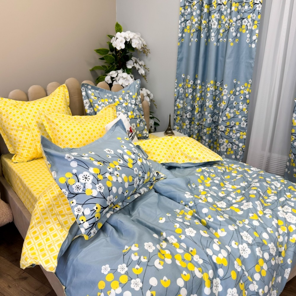 Set Lenjerie pat dublu (140x200cm, 160x200cm, 180x200cm) + 2 draperii, finet, 8 piese, Gri albastrui, flori — imaginea 10