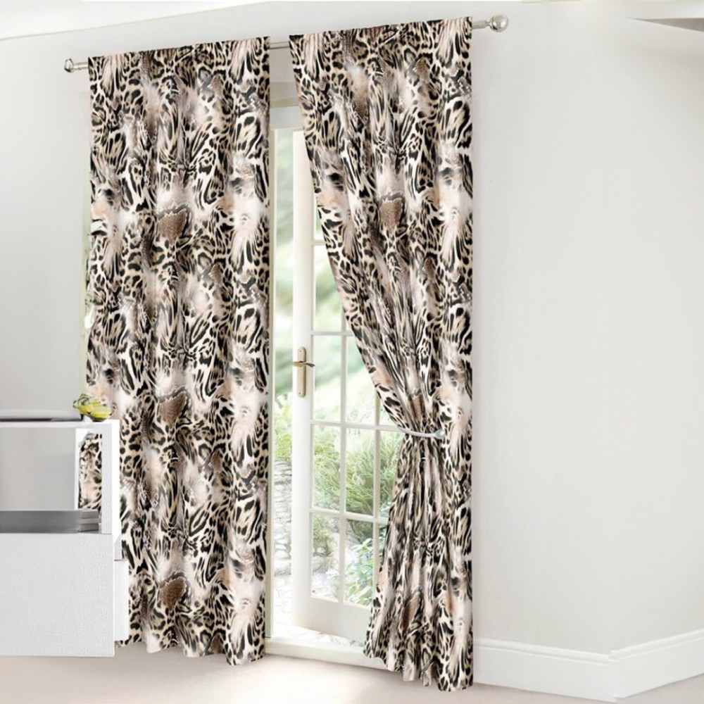 Set Lenjerie pat dublu cu Elastic (140x200cm) + 2 draperii, finet, 6 piese, Bej, Negru, Animal Print — imaginea 2