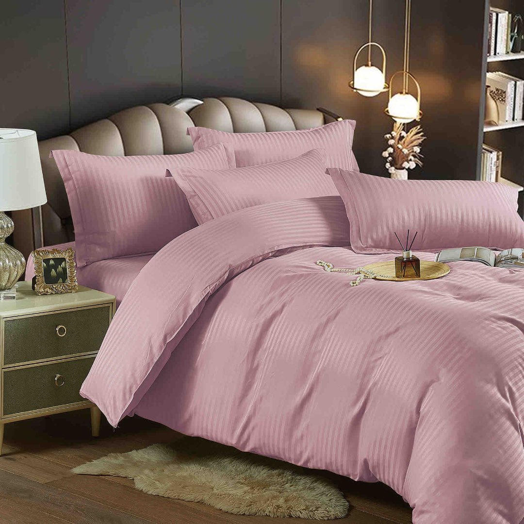 Lenjerie HoReCa, pat dublu, Damasc Finetat Deluxe cu Elastic, 6 piese, Jojo Home, Roz Prafuit - imagine 2