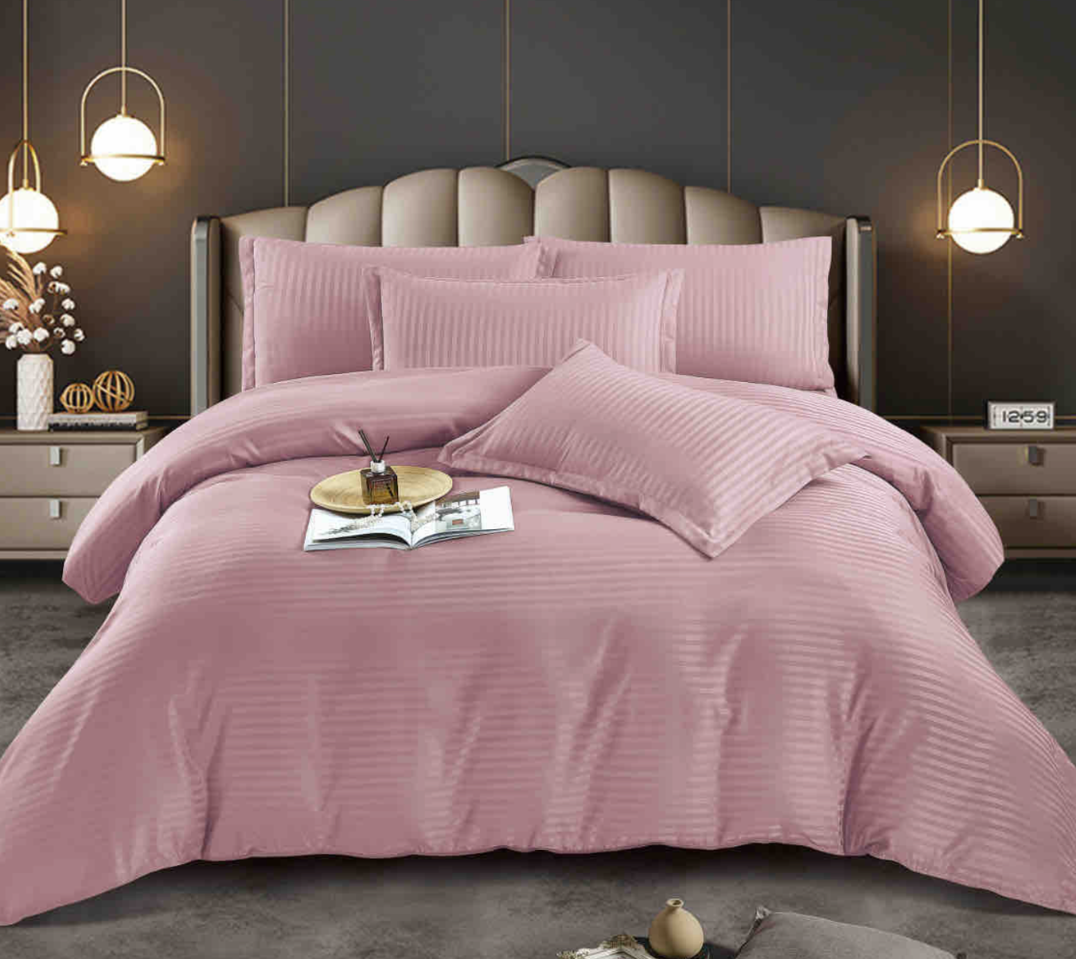 Lenjerie HoReCa, pat dublu, Damasc Finetat Deluxe cu Elastic, 6 piese, Jojo Home, Roz Prafuit - imagine 3