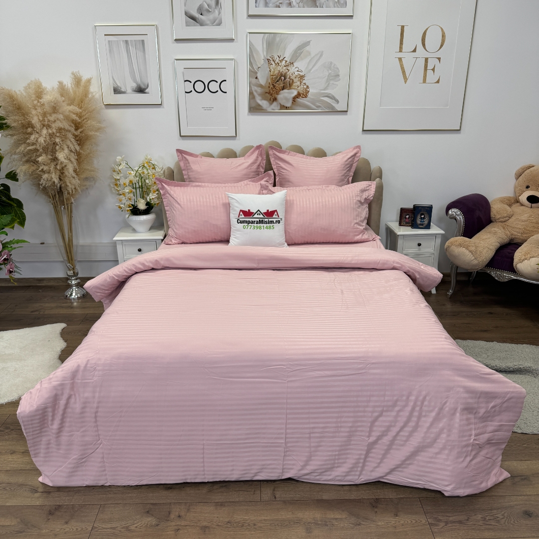 Lenjerie HoReCa, pat dublu, Damasc Finetat Deluxe cu Elastic, 6 piese, Jojo Home, Roz Prafuit - imagine 4