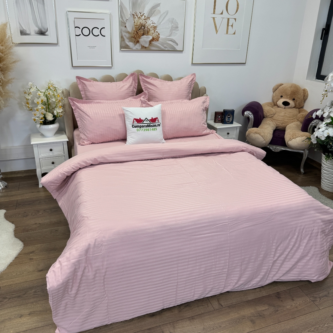 Lenjerie HoReCa, pat dublu, Damasc Finetat Deluxe cu Elastic, 6 piese, Jojo Home, Roz Prafuit - imagine 5