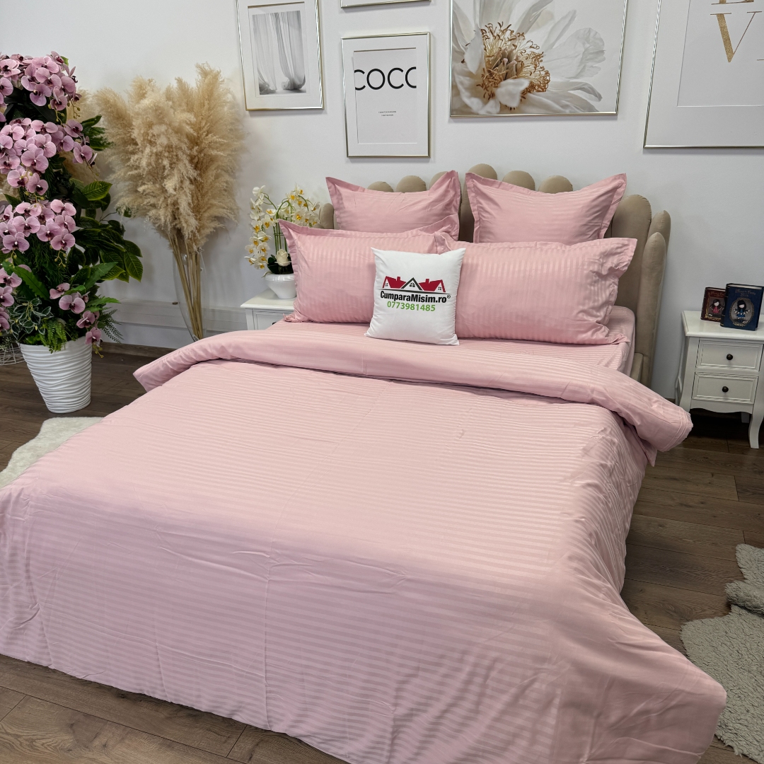 Lenjerie HoReCa, pat dublu, Damasc Finetat Deluxe cu Elastic, 6 piese, Jojo Home, Roz Prafuit - imagine 6