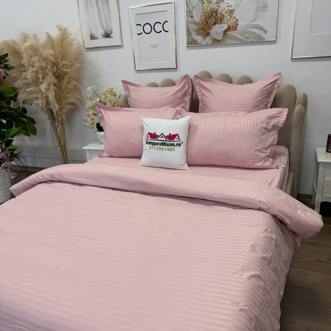 Lenjerie HoReCa, pat dublu, Damasc Finetat Deluxe cu Elastic, 6 piese, Jojo Home, Roz Prafuit - imagine 7