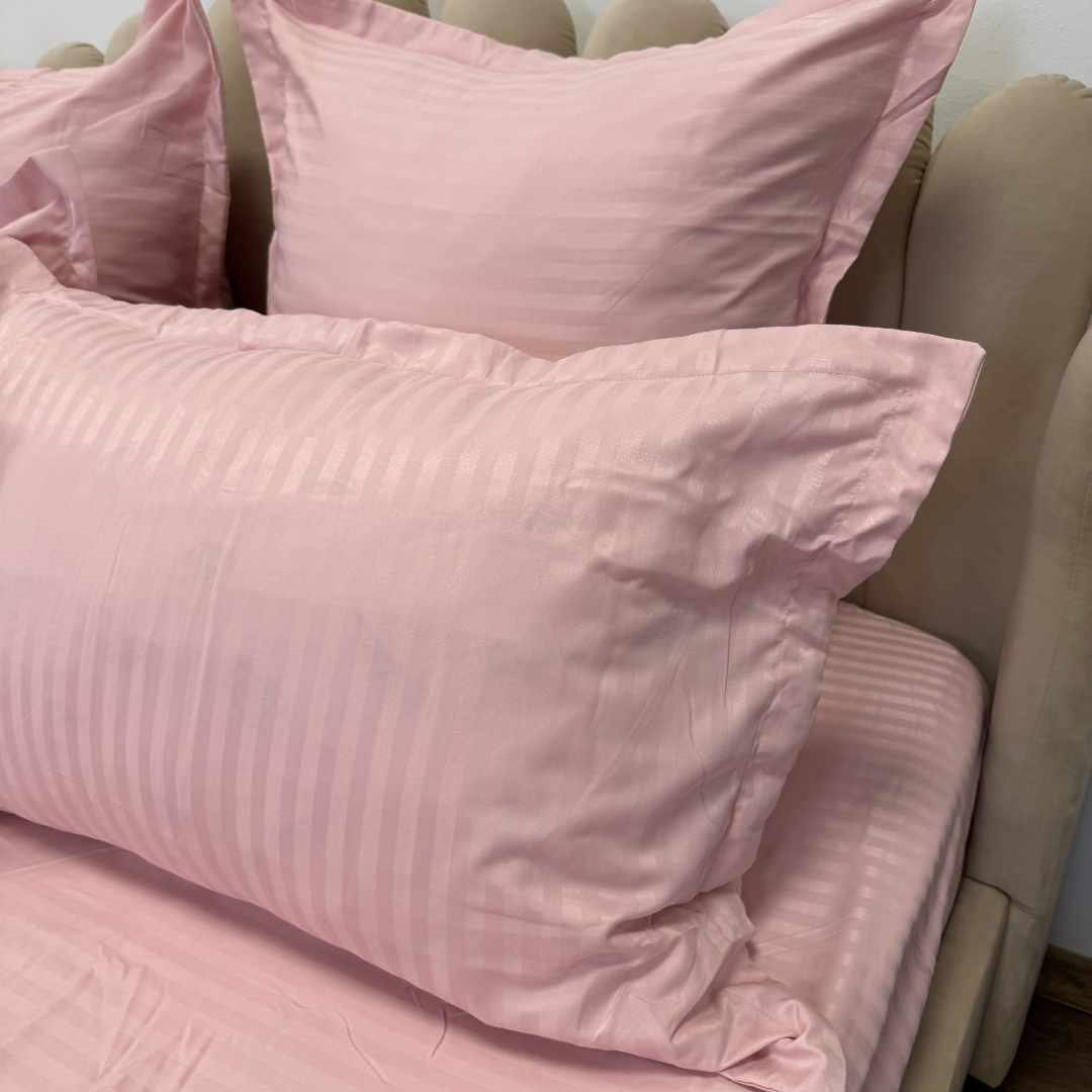 Lenjerie HoReCa, pat dublu, Damasc Finetat Deluxe cu Elastic, 6 piese, Jojo Home, Roz Prafuit - imagine 8