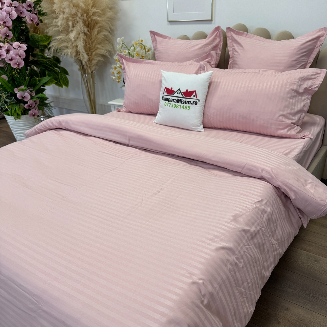 Lenjerie HoReCa, pat dublu, Damasc Finetat Deluxe cu Elastic, 6 piese, Jojo Home, Roz Prafuit - imagine 9