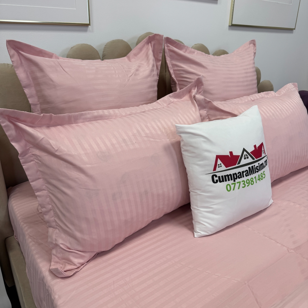 Lenjerie HoReCa, pat dublu, Damasc Finetat Deluxe cu Elastic, 6 piese, Jojo Home, Roz Prafuit - imagine 10