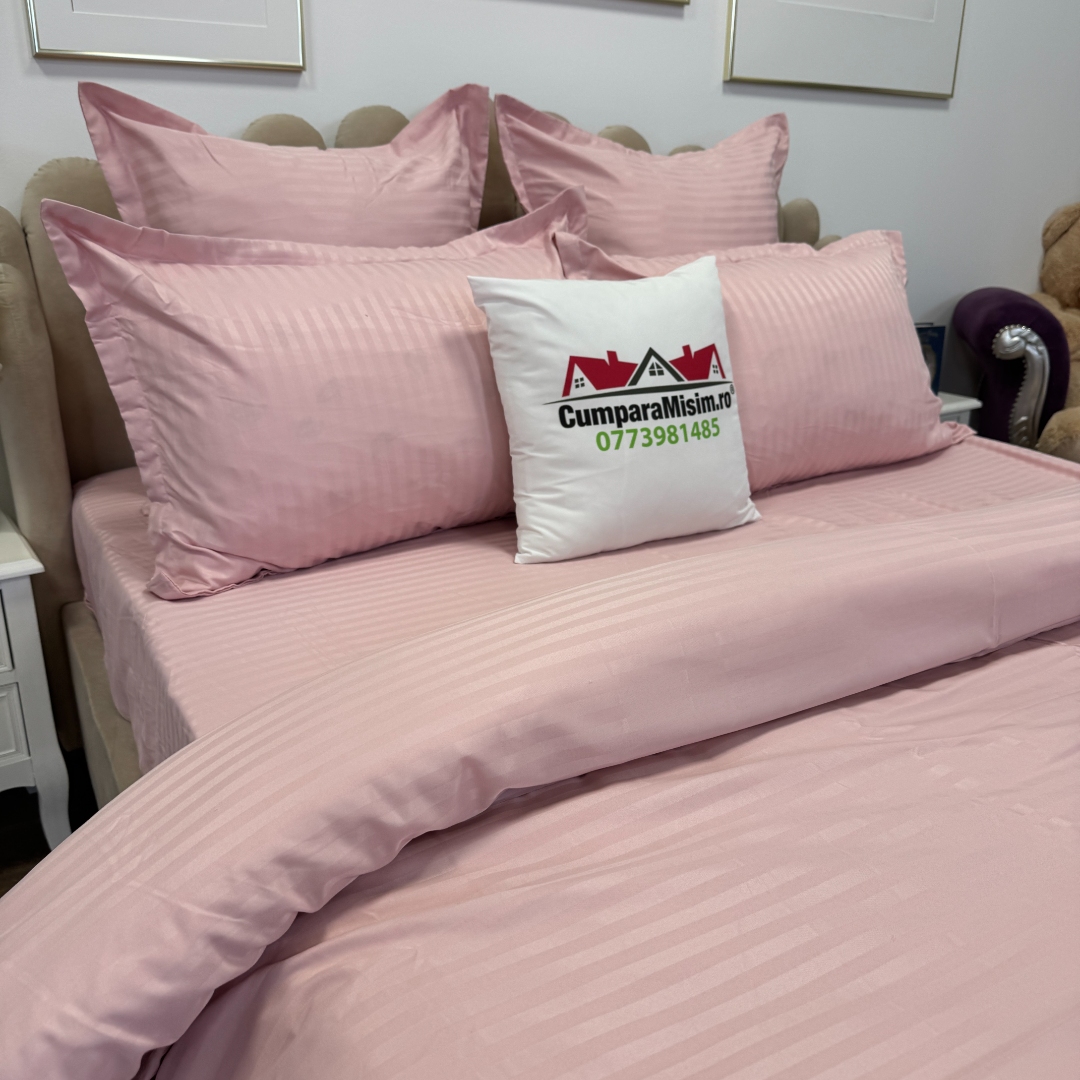 Lenjerie HoReCa, pat dublu, Damasc Finetat Deluxe cu Elastic, 6 piese, Jojo Home, Roz Prafuit - imagine 11