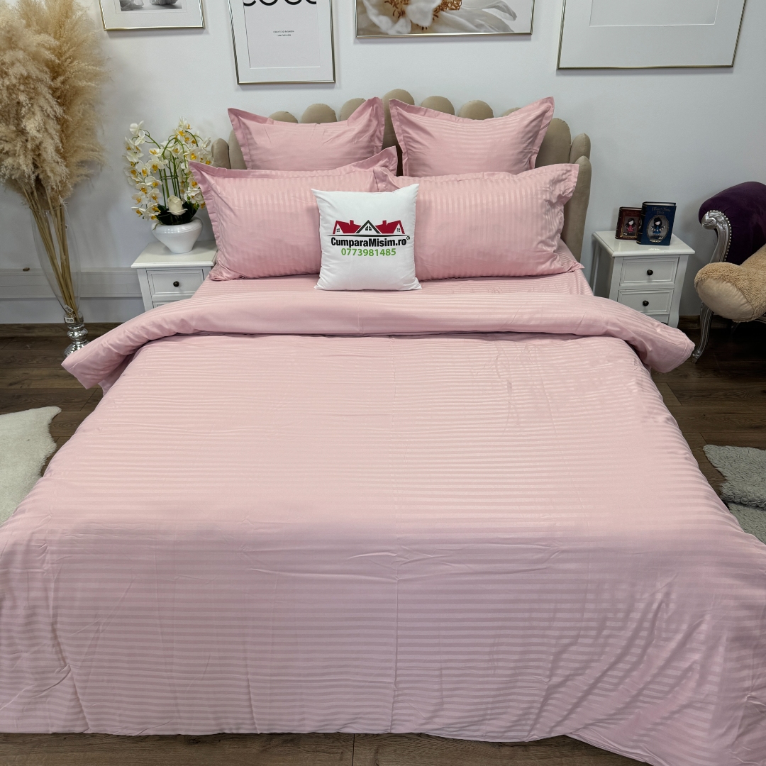 Lenjerie HoReCa, pat dublu, Damasc Finetat Deluxe cu Elastic, 6 piese, Jojo Home, Roz Prafuit - imagine 12