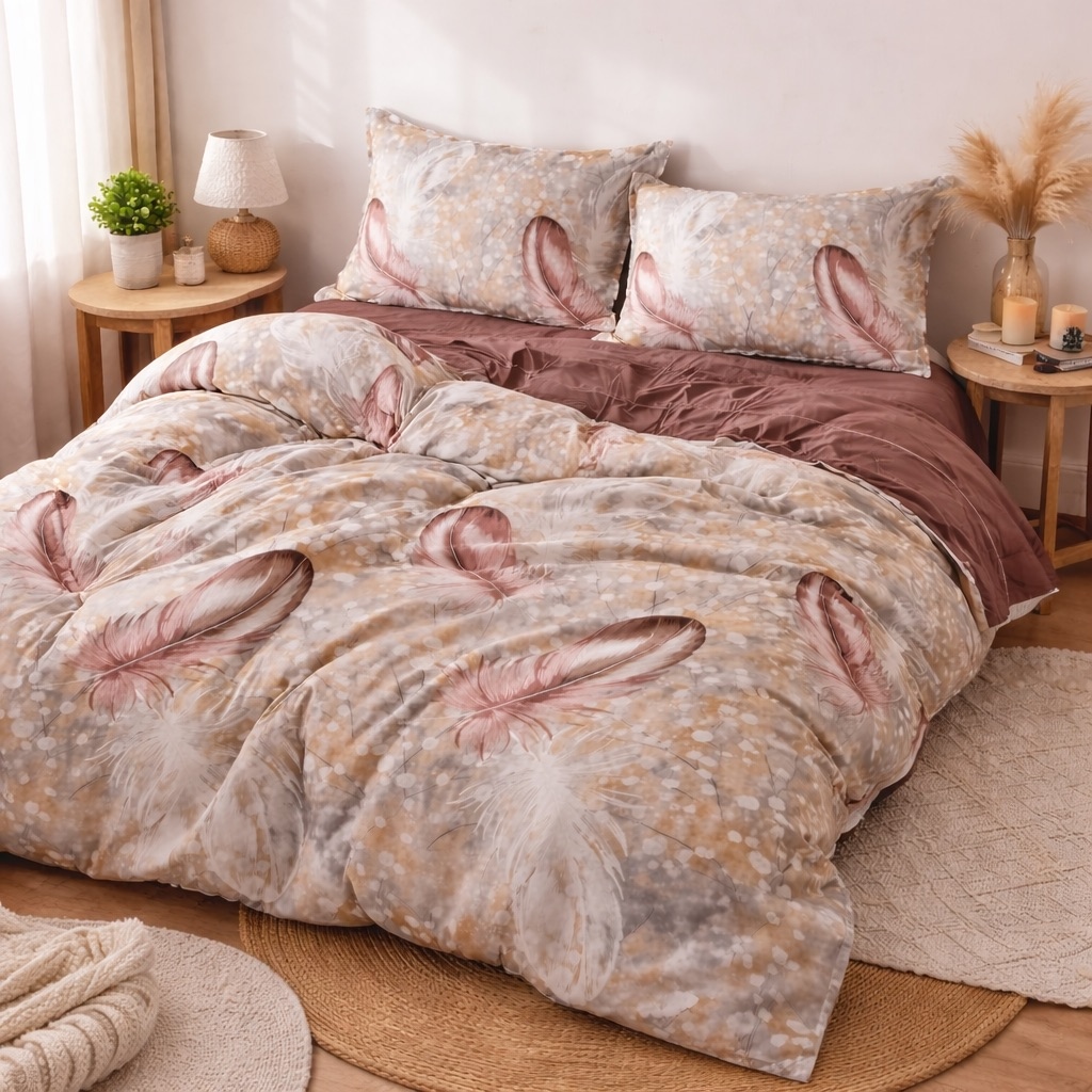 Lenjerie pat dublu, bumbac satinat, cearsaf clasic, 4 piese, Bej, pene - imagine 2