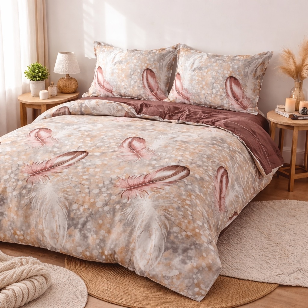 Lenjerie pat dublu, bumbac satinat, cearsaf clasic, 4 piese, Bej, pene - imagine 5