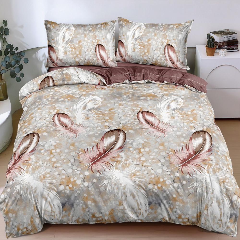 Lenjerie pat dublu, bumbac satinat, cearsaf clasic, 4 piese, Bej, pene - imagine 6