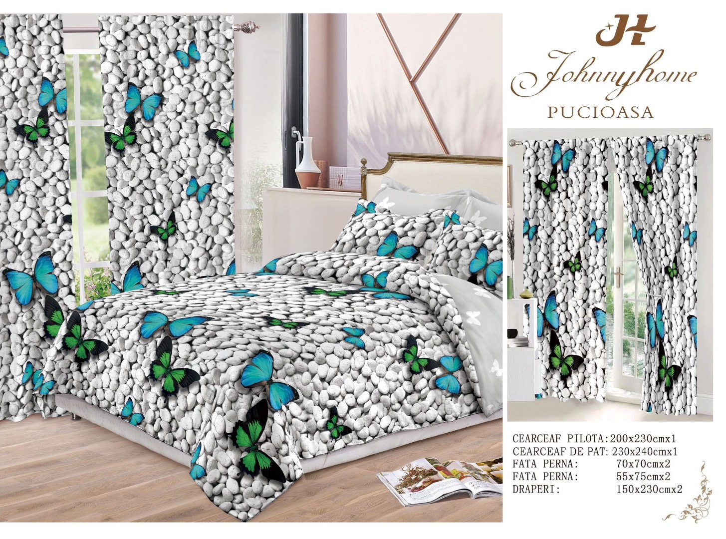 Set Lenjerie pat dublu (140x200cm, 160x200cm, 180x200cm) + 2 draperii, finet, 8 piese, Gri, fluturi pe pietre - imagine 3