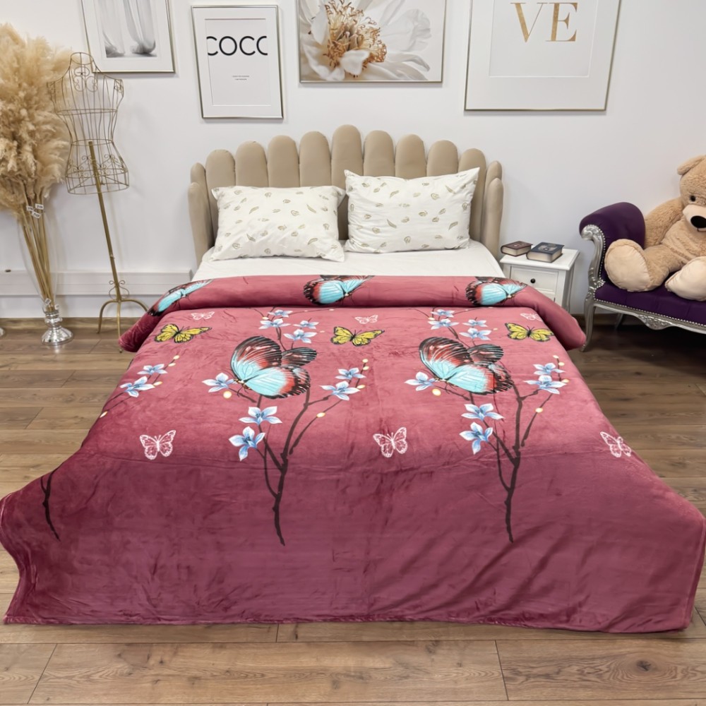 Patura Pufoasa CoCoLiNo (Fleece), 200x230cm, 240gr/m, Visiniu, Fluturi - Rasfatul Perfect pentru Serile Racoroase - 2
