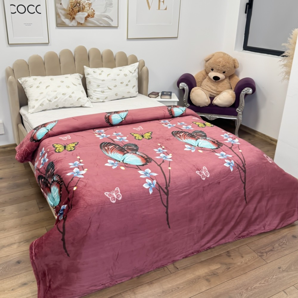 Patura Pufoasa CoCoLiNo (Fleece), 200x230cm, 240gr/m, Visiniu, Fluturi - Rasfatul Perfect pentru Serile Racoroase - 3