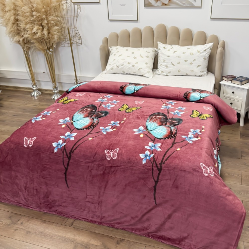 Patura Pufoasa CoCoLiNo (Fleece), 200x230cm, 240gr/m, Visiniu, Fluturi - Rasfatul Perfect pentru Serile Racoroase - 4