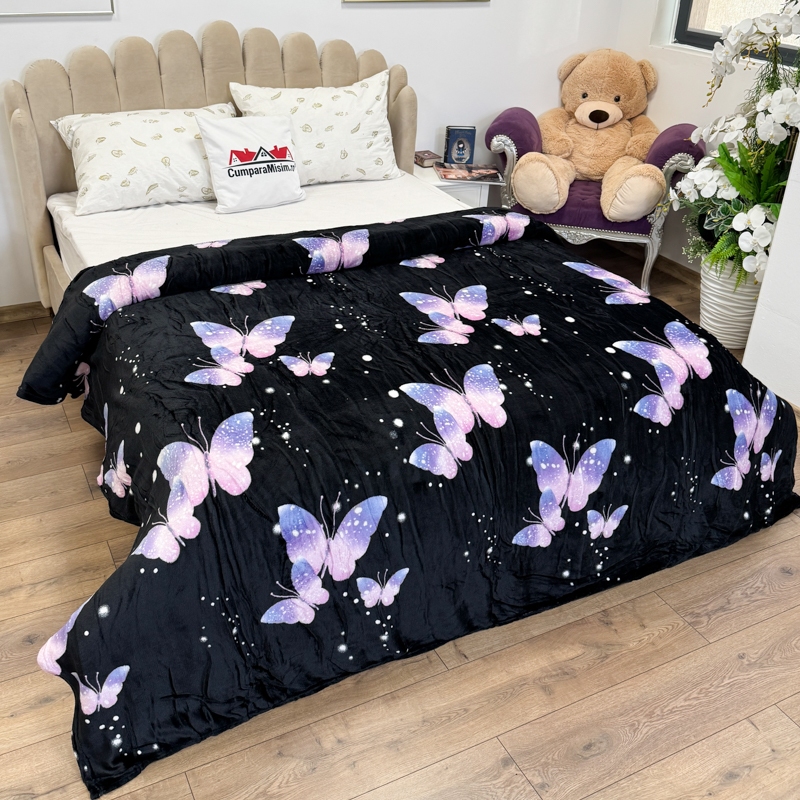 Patura pufoasa cocolino 200x230cm, 240g/mp, Negru, Fluturi - imagine 2