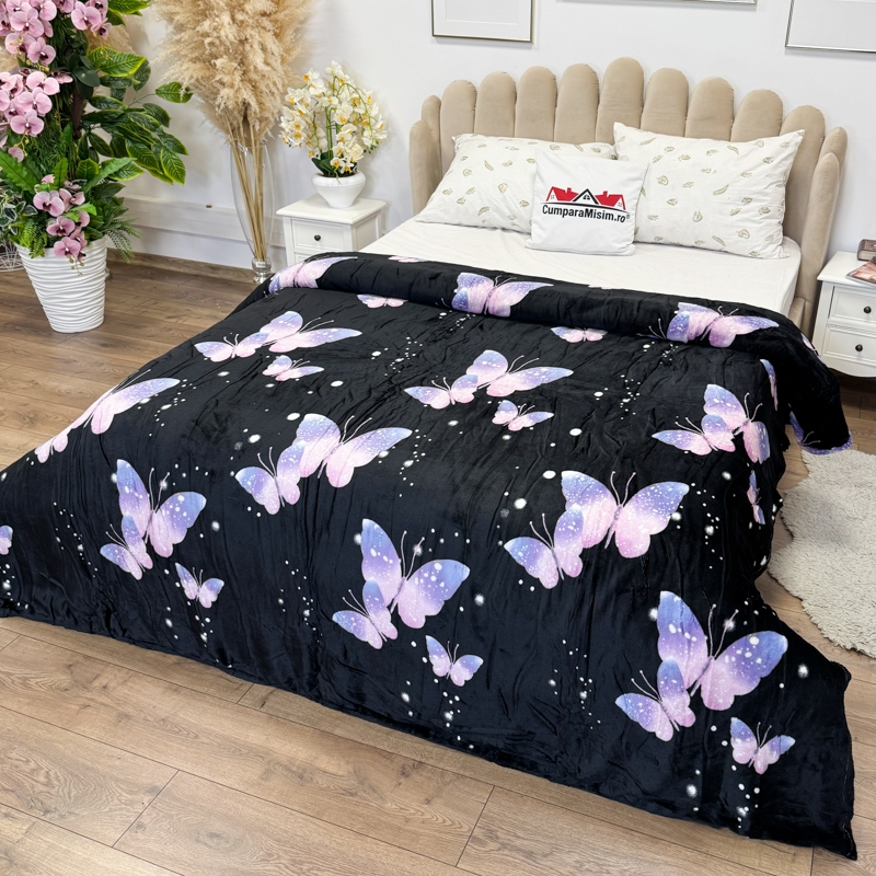Patura pufoasa cocolino 200x230cm, 240g/mp, Negru, Fluturi - imagine 3