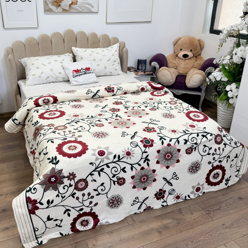 Patura pufoasa cocolino 200x230cm, 240g/mp, Bej, Flori - imagine 2