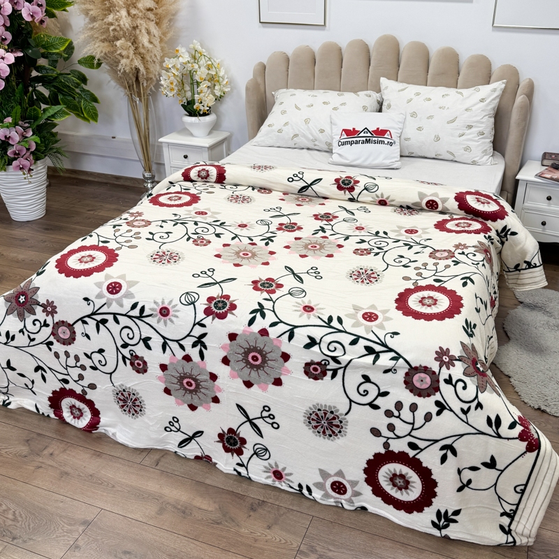 Patura pufoasa cocolino 200x230cm, 240g/mp, Bej, Flori - imagine 3