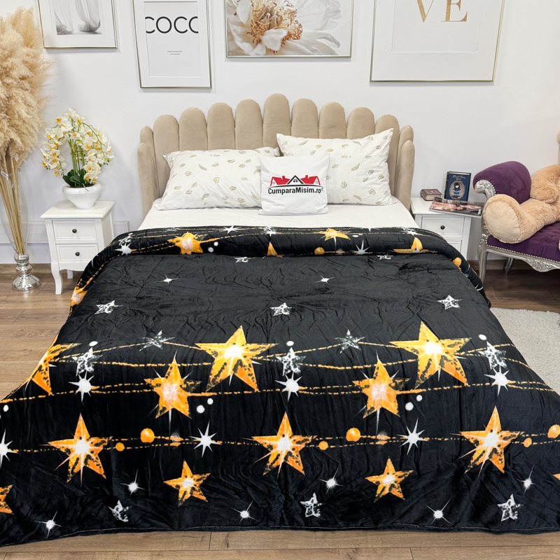 Patura pufoasa cocolino 200x230cm, 240g/mp, Negru, Stelute - imagine 2