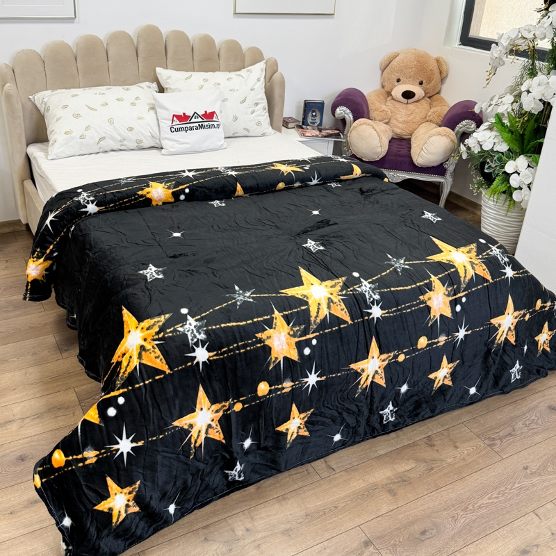 Patura pufoasa cocolino 200x230cm, 240g/mp, Negru, Stelute - imagine 3