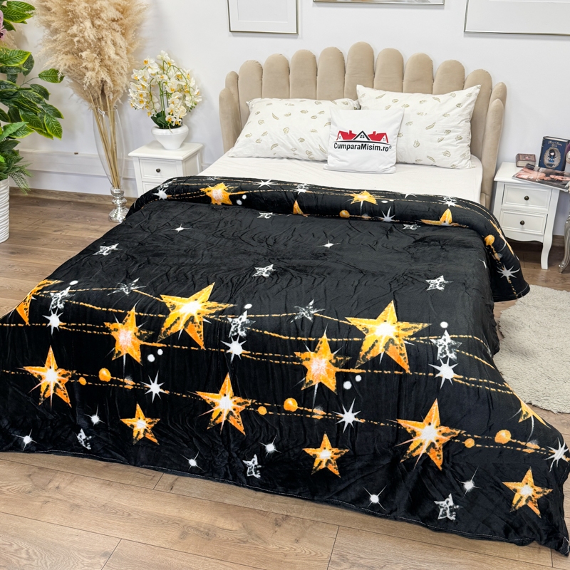 Patura pufoasa cocolino 200x230cm, 240g/mp, Negru, Stelute - imagine 4