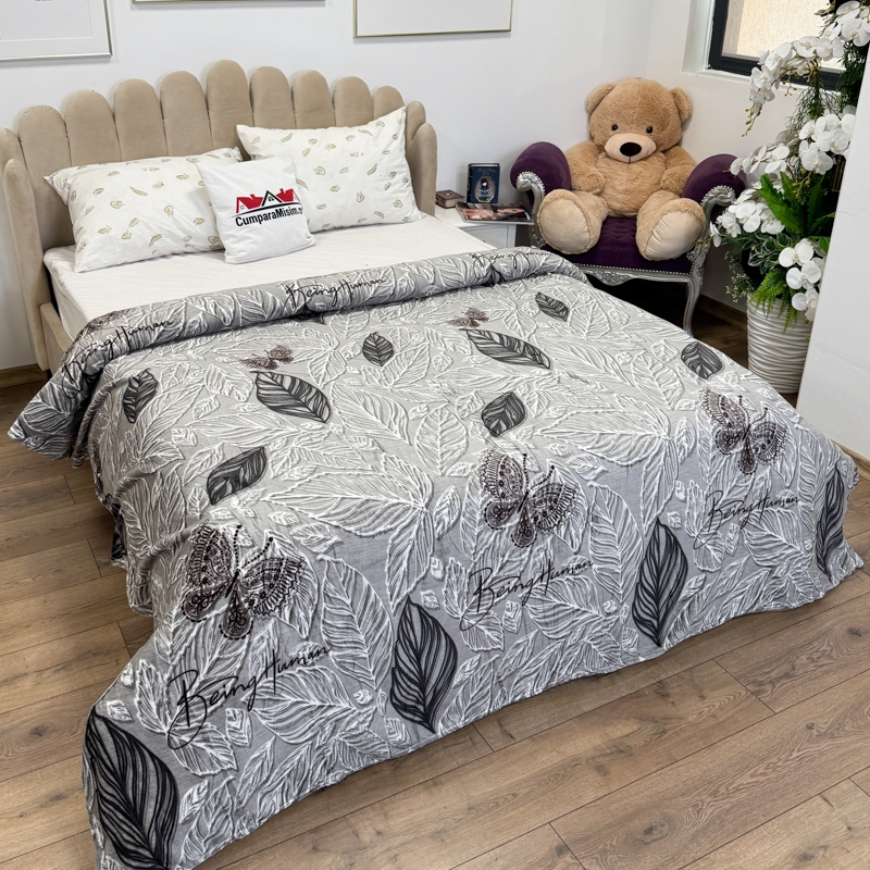 Patura pufoasa cocolino 200x230cm, 240g/mp, Gri, Frunze - imagine 2