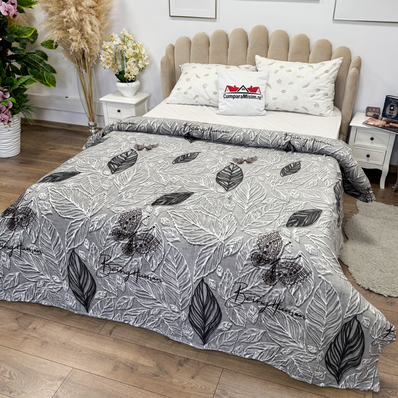 Patura pufoasa cocolino 200x230cm, 240g/mp, Gri, Frunze - imagine 3