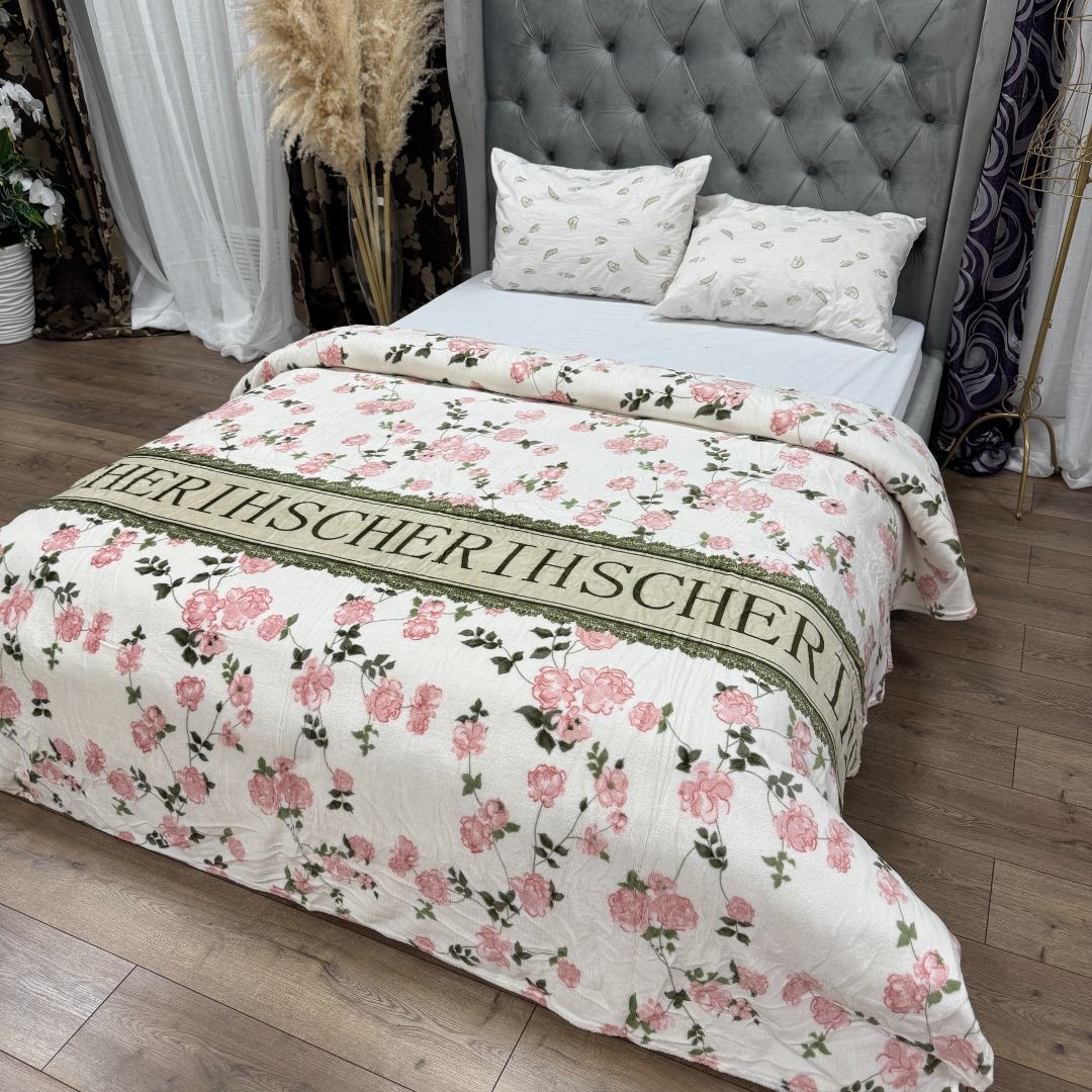 Patura pufoasa cocolino 200x230cm, 240g/mp, Alb, flori roz - imagine 6