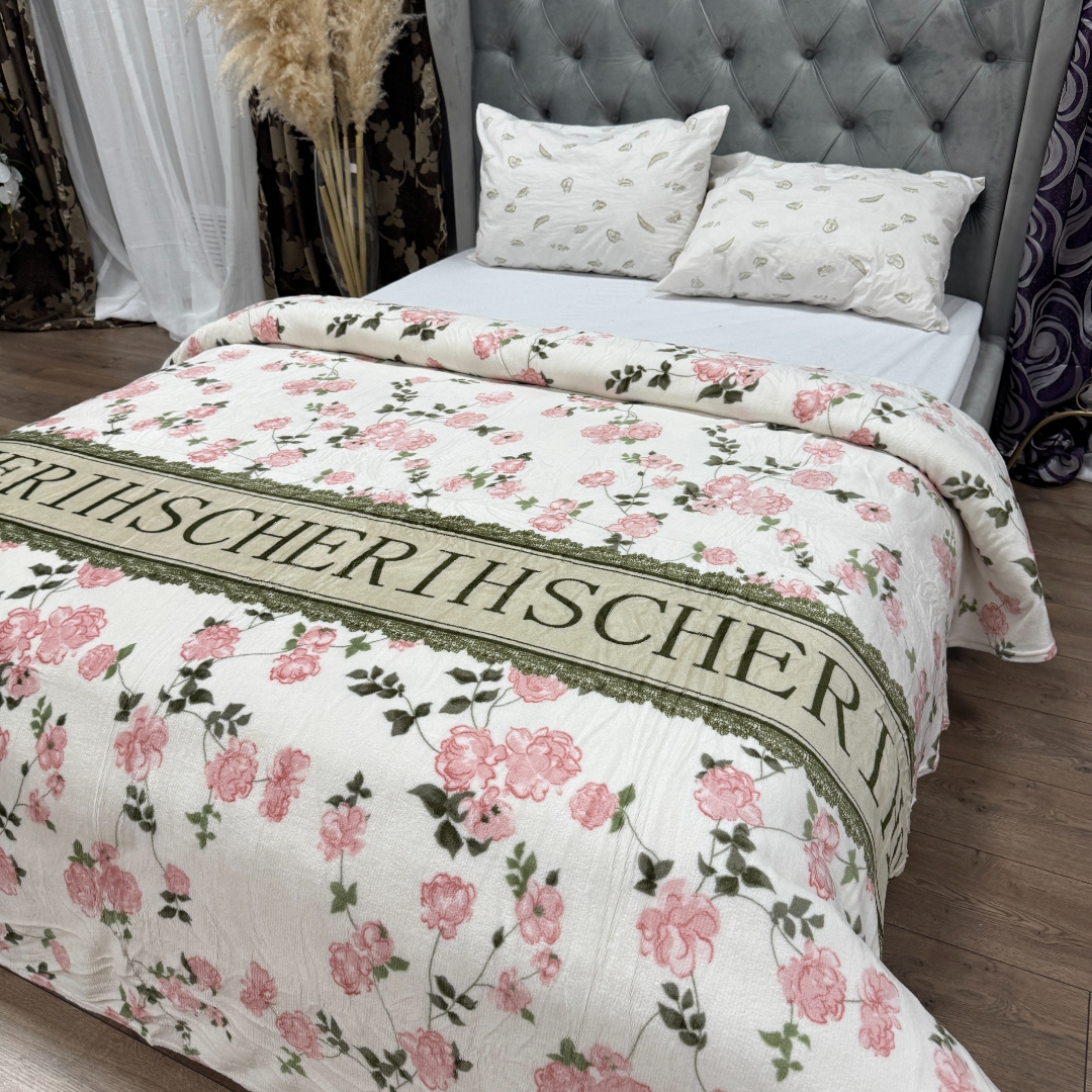 Patura pufoasa cocolino 200x230cm, 240g/mp, Alb, flori roz - imagine 7