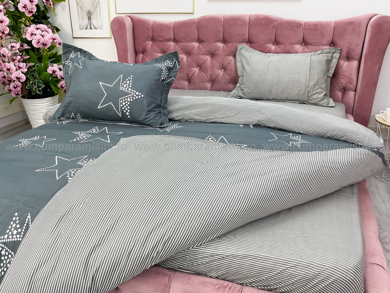 Lenjerie Pat Dublu Cu Elastic Bumbac Satinat - 3 Bucati 219 Lei - Gri Stelute - imagine 7