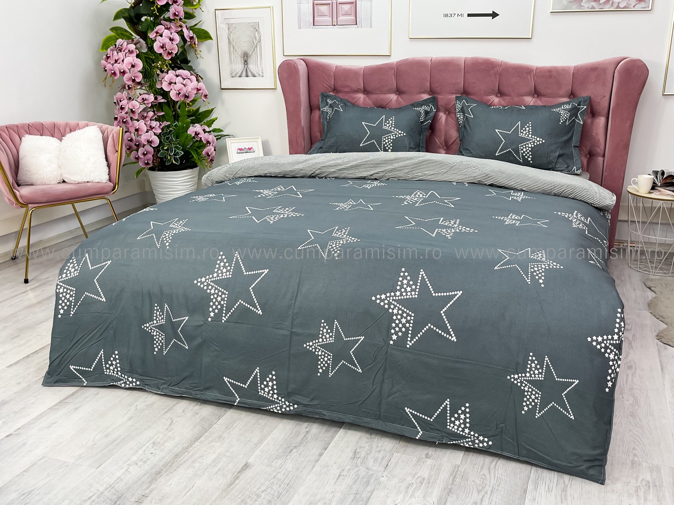 Lenjerie Pat Dublu Cu Elastic Bumbac Satinat - 3 Bucati 219 Lei - Gri Stelute - imagine 8