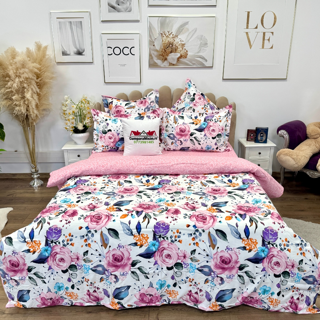 Lenjerie pat dublu,  FINET, 6 piese, cu ELASTIC, Jojo Home, Alb-Roz, flori - imagine 2